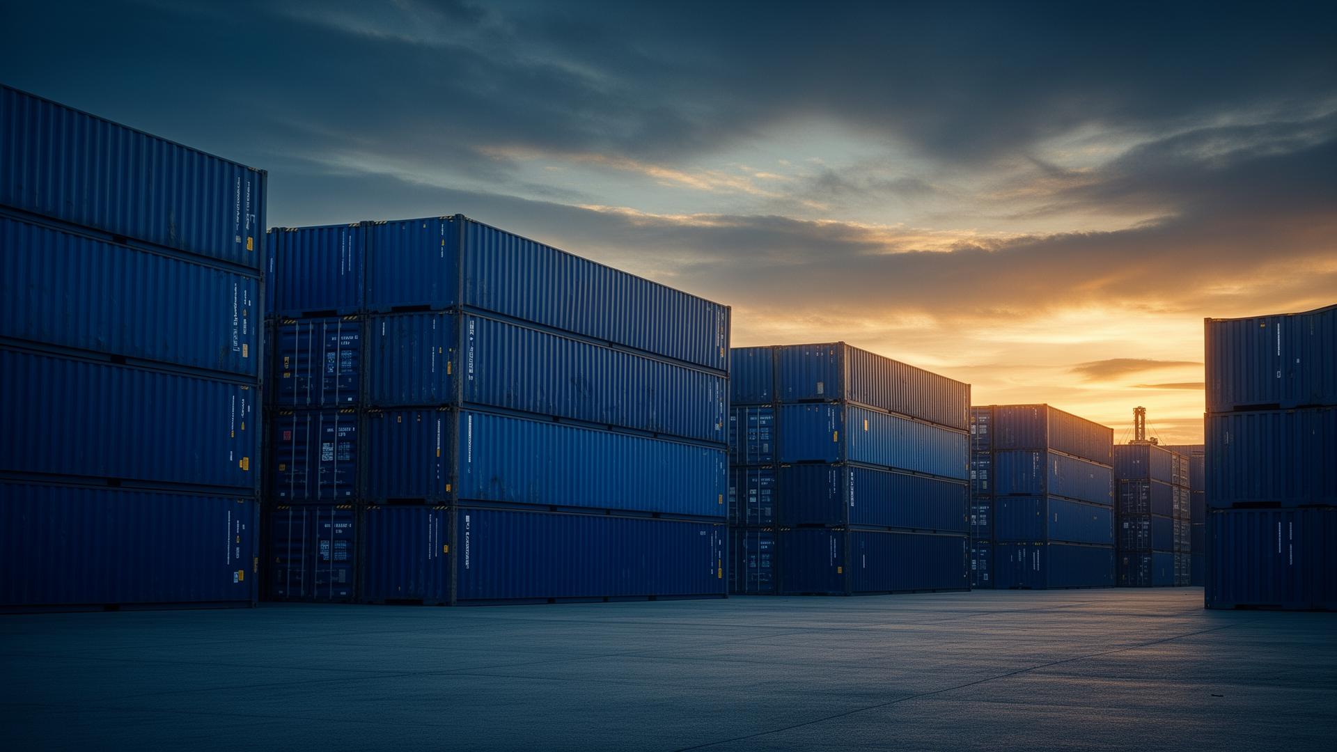 Stacked blue shipping containers at a SmartSpace yard at dusk